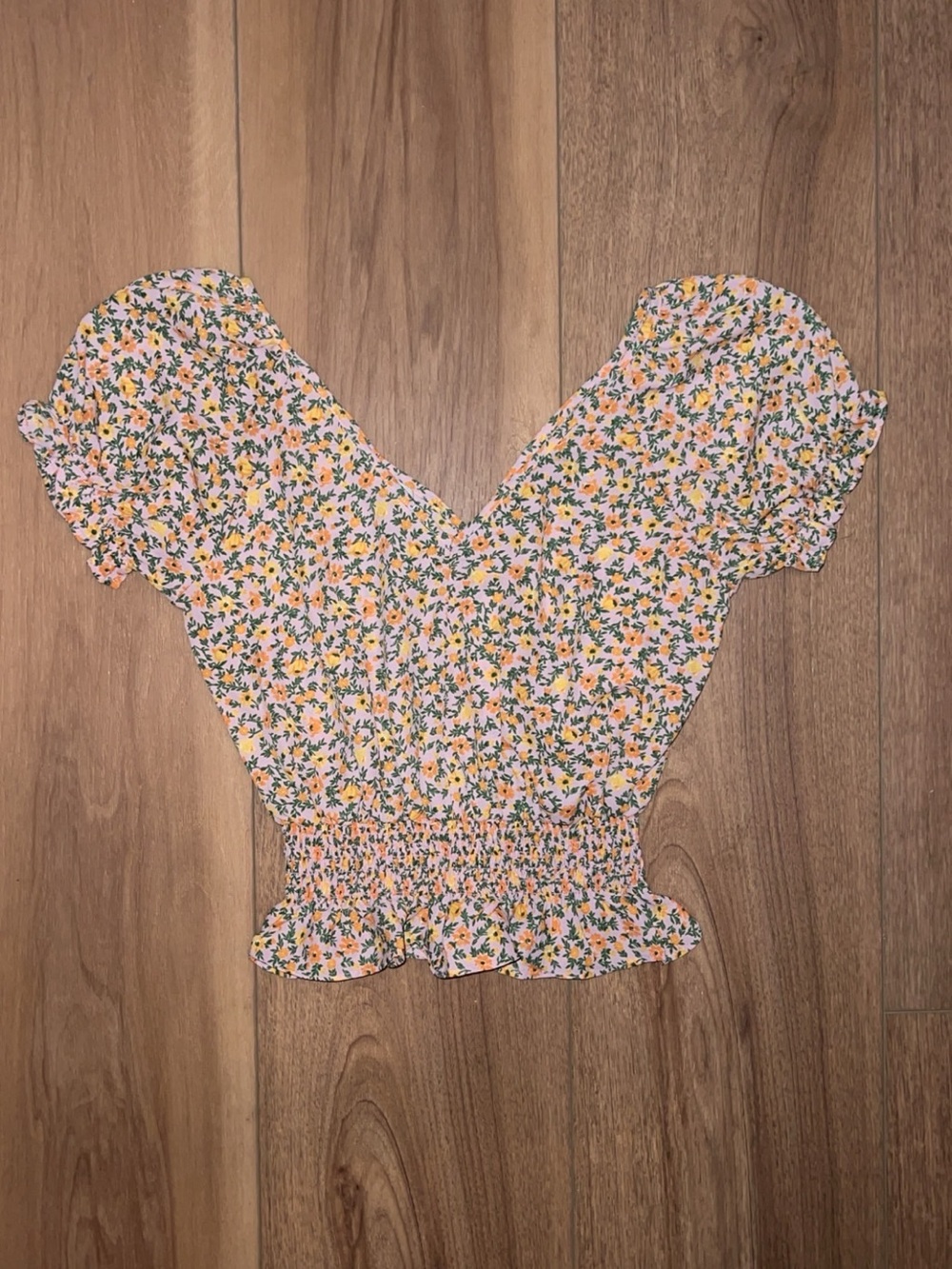 Sienna Sky - Floral Smocked Waist V-Neck Top - Yellow Pink - Picture 2 of 3